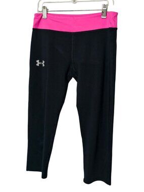 Under Armour Girls Cropped Leggings L Black Pink HeatGear Athletic Sporty Fitted